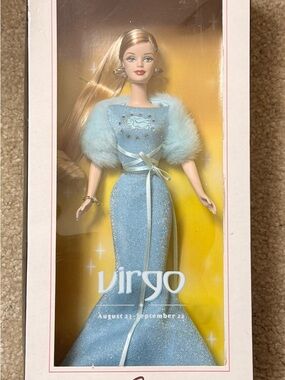 Vintage Virgo Zodiac Barbie Doll in Light Blue Gown with Fur Bolero